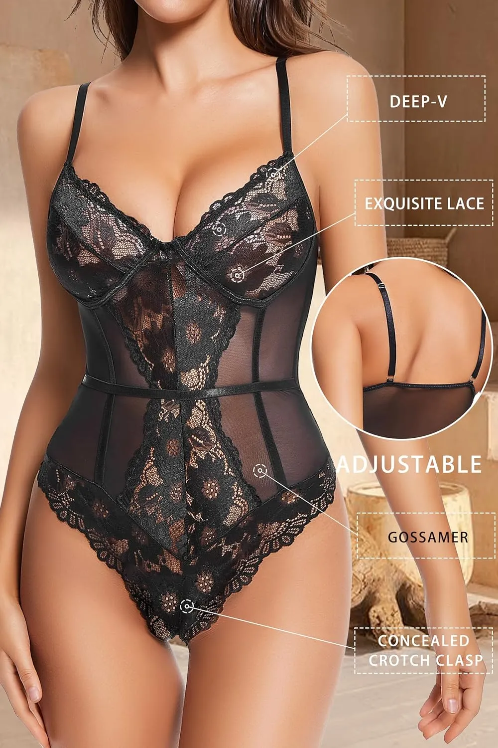 Sexy Lingerie for Women Strappy Lace Teddy Lingerie One Piece Babydoll Deep V Mini Bodysuit Plus Size