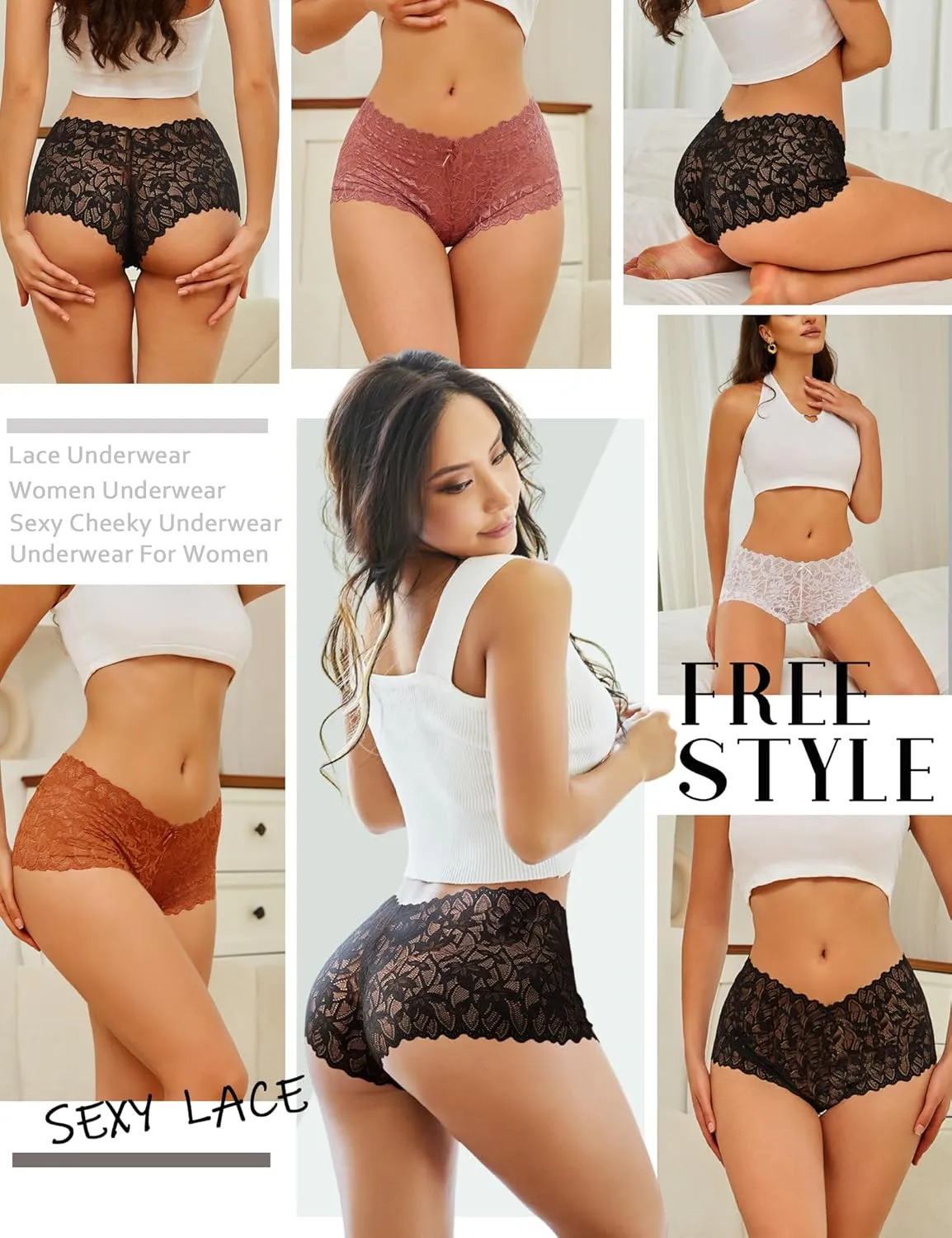 Sexy Women's Underwear Lace Shorts V Waist Breathable Cheeky Panties Boyshorts Underwear Women 5 Pack