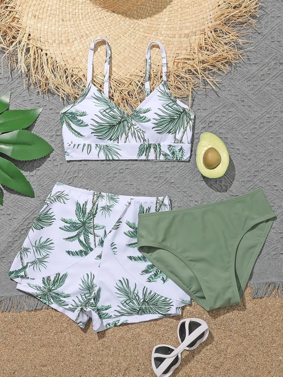 SHENHE Girl's 3 Piece Tropical Print V Neck High Waisted Bikini Swimsuit with Beach Shorts
