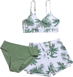 SHENHE Girl's 3 Piece Tropical Print V Neck High Waisted Bikini Swimsuit with Beach Shorts