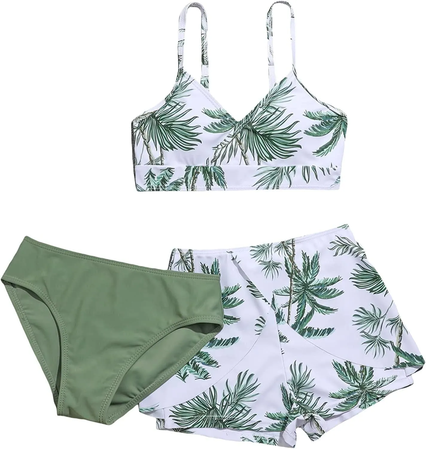 SHENHE Girl's 3 Piece Tropical Print V Neck High Waisted Bikini Swimsuit with Beach Shorts