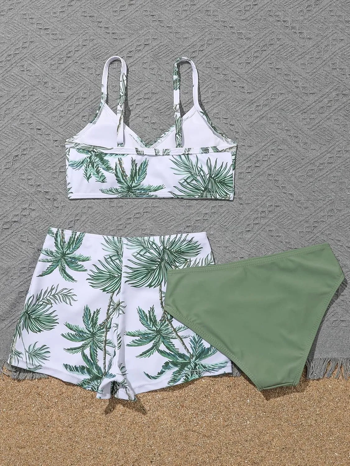 SHENHE Girl's 3 Piece Tropical Print V Neck High Waisted Bikini Swimsuit with Beach Shorts