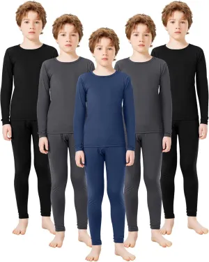 Silkfly 5 Set Thermal Underwear for Boys, Fleece Lined Long Underwear Kids Base Layer Top Bottom Winter Set