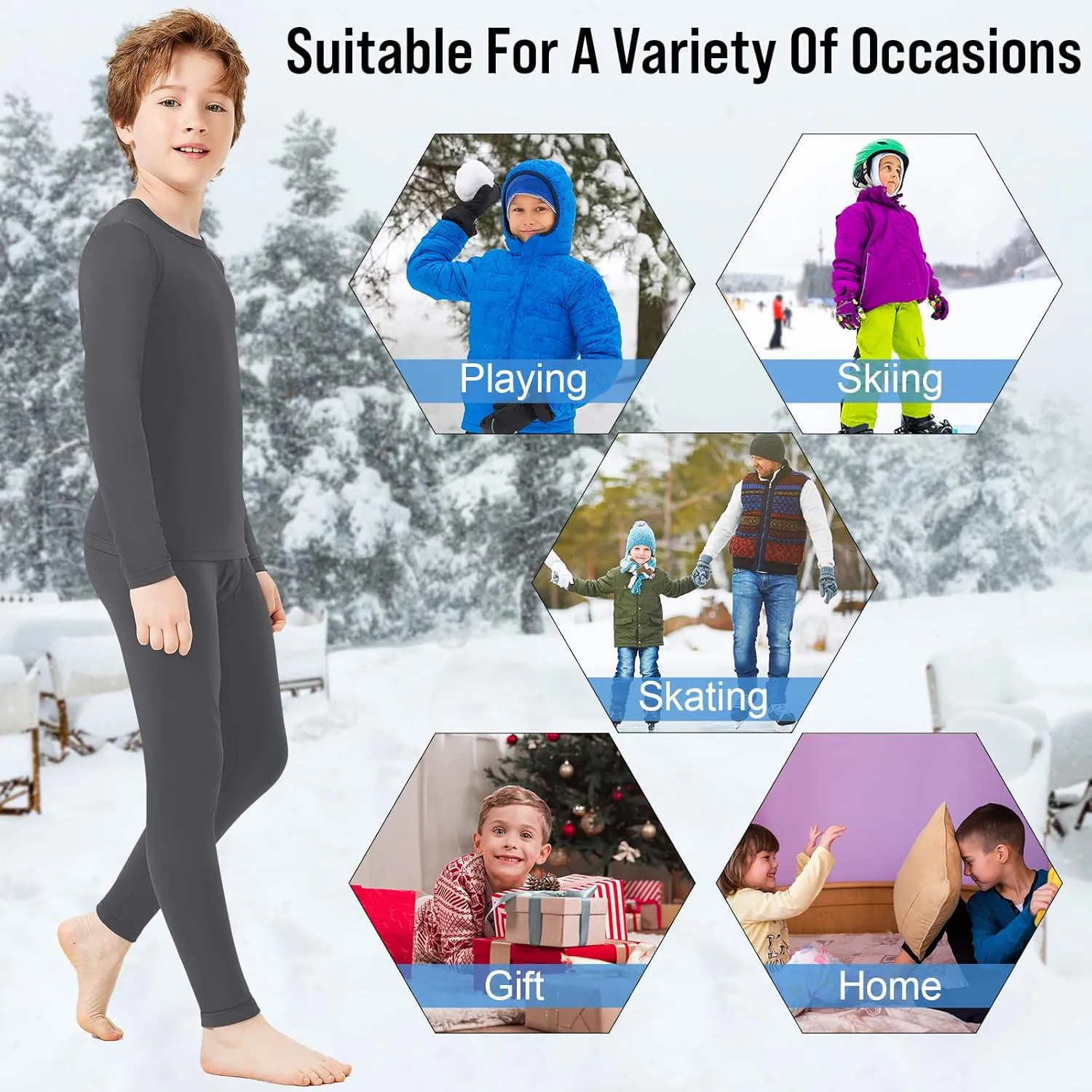 Silkfly 5 Set Thermal Underwear for Boys, Fleece Lined Long Underwear Kids Base Layer Top Bottom Winter Set
