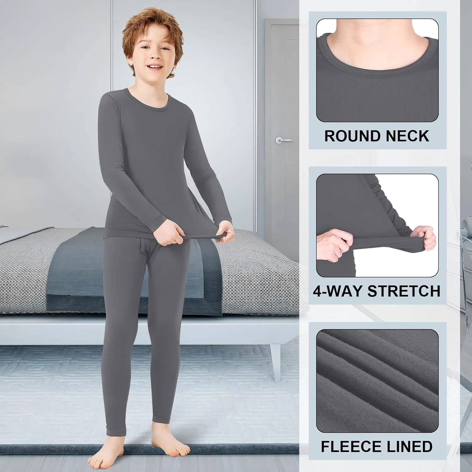 Silkfly 5 Set Thermal Underwear for Boys, Fleece Lined Long Underwear Kids Base Layer Top Bottom Winter Set