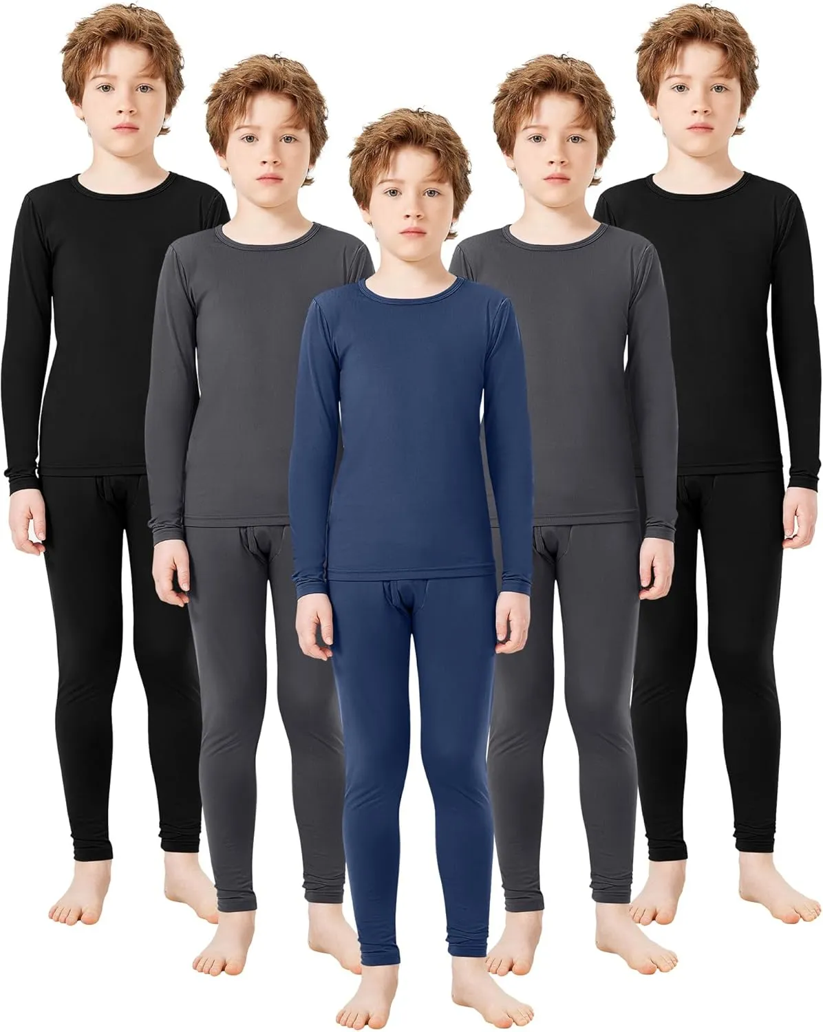 Silkfly 5 Set Thermal Underwear for Boys, Fleece Lined Long Underwear Kids Base Layer Top Bottom Winter Set