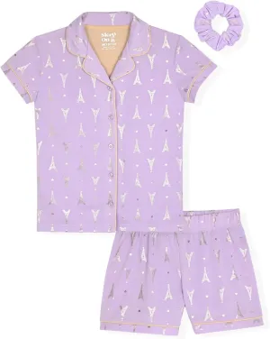 Sleep On It Girls Pajamas Button down Short Sleeve Collared Coat Set, Summer Pajamas for girls sleepwear
