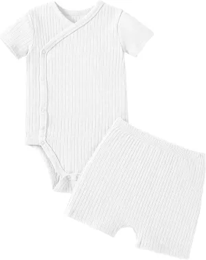 SOBOWO Newborn Boy Girl Clothes Summer Infant Ribbed Set Solid Short Sleeve Baby Side Snap Bodysuit Shorts Coming Home Outfit