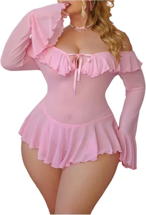 SOLY HUX Women's Plus Size Sexy Lingerie Off The Shoulder Mesh Ruffle Long Sleeve Babydoll Dress with Thongs Sleepwear