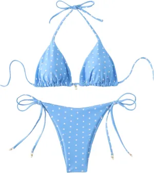 SOLY HUX Women's Polka Dots Print Bathing Suit Halter Triangle Tie Side Bikini Sets Two Piece Swimsuit