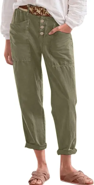 Straight Leg Linen Pants Women Trendy Button Fly Plus Size Cropped Pants Casual Cuffed Hem Loose Pants