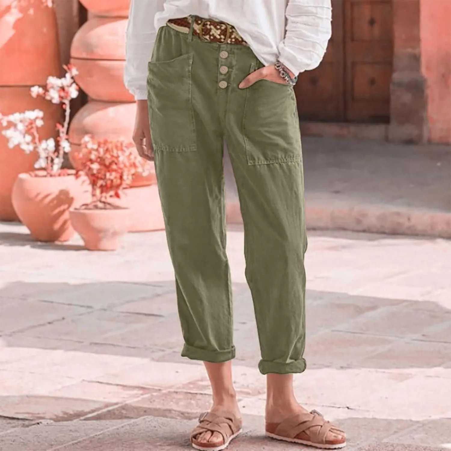 Straight Leg Linen Pants Women Trendy Button Fly Plus Size Cropped Pants Casual Cuffed Hem Loose Pants