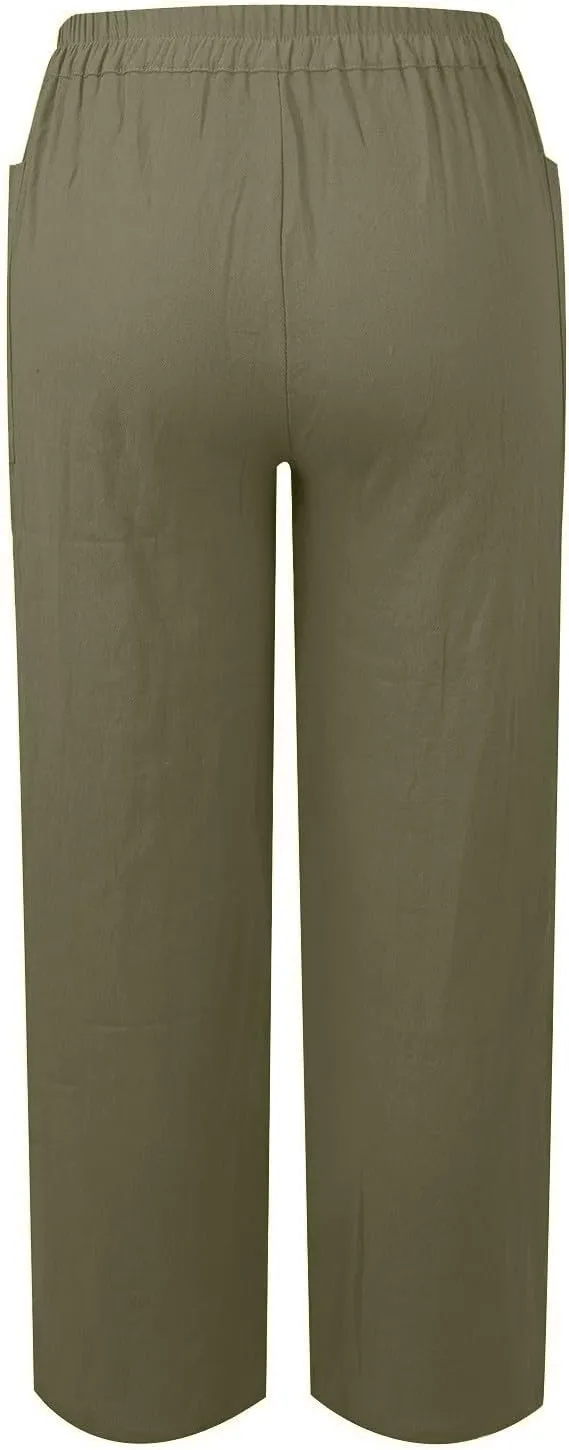 Straight Leg Linen Pants Women Trendy Button Fly Plus Size Cropped Pants Casual Cuffed Hem Loose Pants