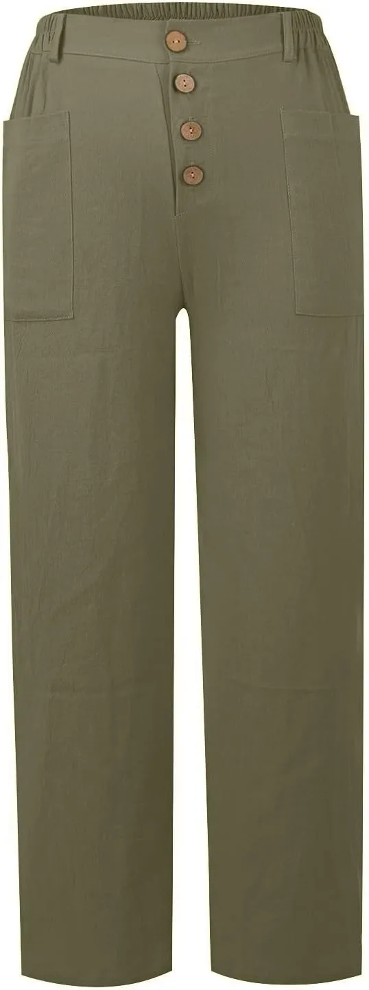 Straight Leg Linen Pants Women Trendy Button Fly Plus Size Cropped Pants Casual Cuffed Hem Loose Pants