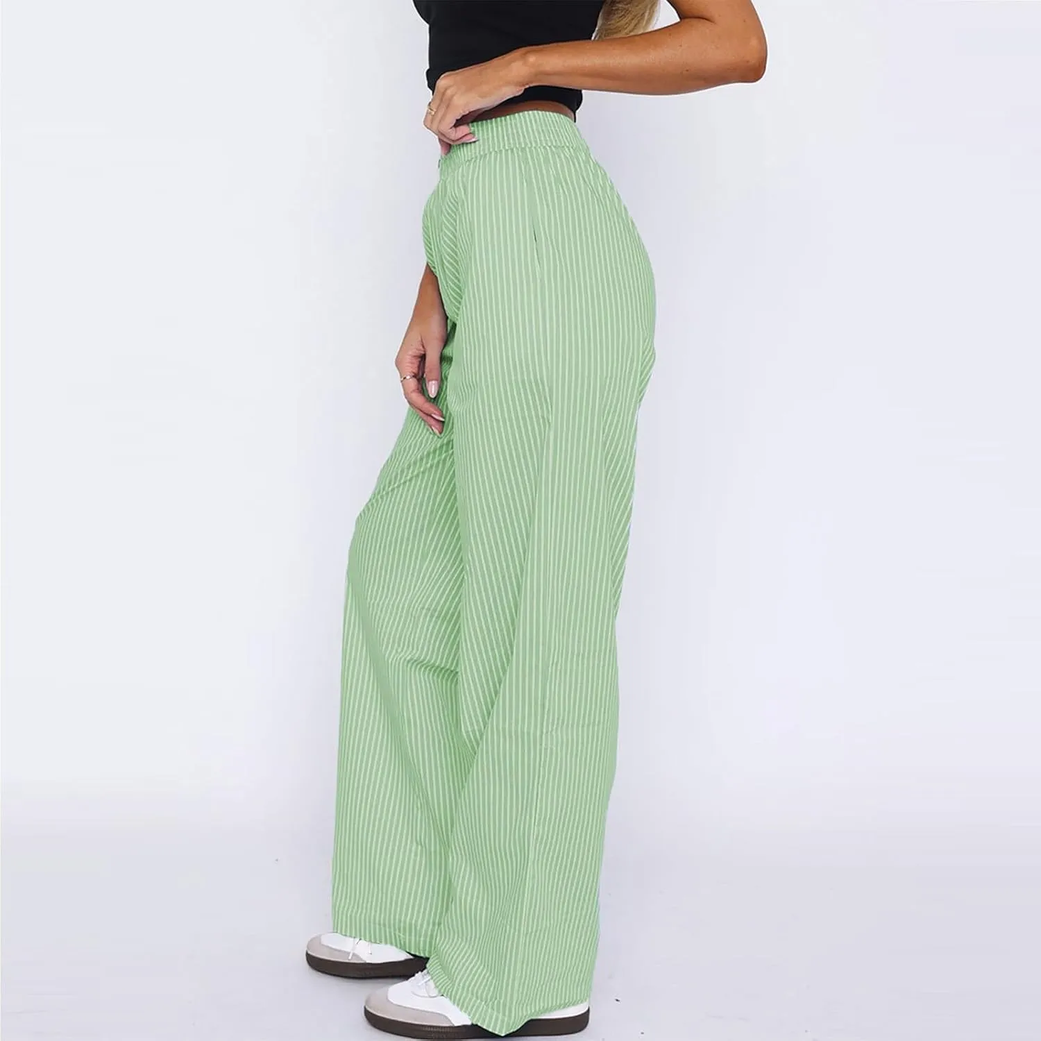 Striped Pants Women Y2k Stretch Wide Leg Lounge Pants Casual Soft High Waisted Comfy Trouser Pants Preppy Pants