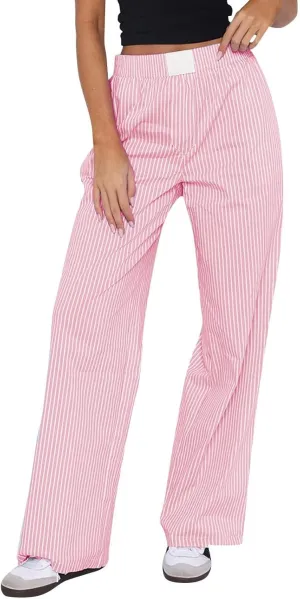 Striped Pants Women Y2k Stretch Wide Leg Lounge Pants Casual Soft High Waisted Comfy Trouser Pants Preppy Pants