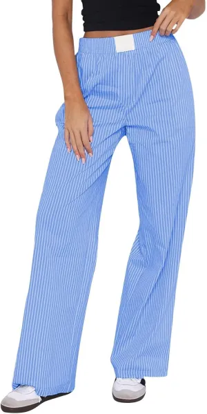Striped Pants Women Y2k Stretch Wide Leg Lounge Pants Casual Soft High Waisted Comfy Trouser Pants Preppy Pants