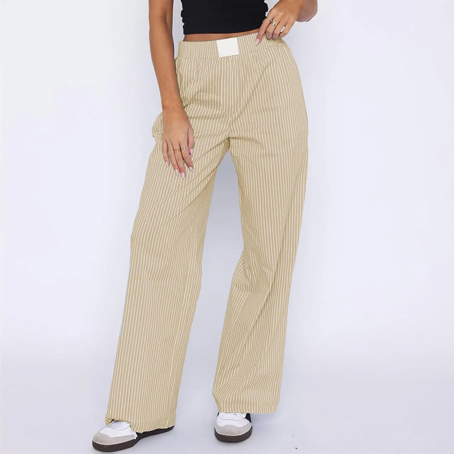 Striped Pants Women Y2k Stretch Wide Leg Lounge Pants Casual Soft High Waisted Comfy Trouser Pants Preppy Pants