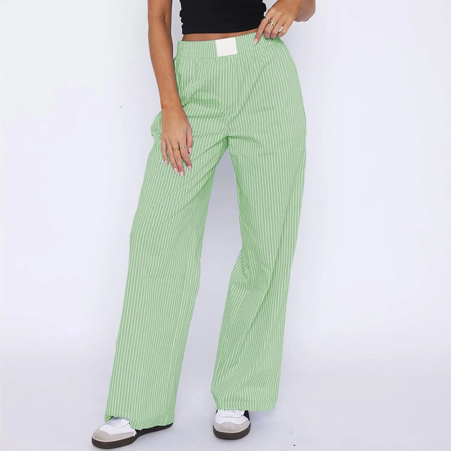 Striped Pants Women Y2k Stretch Wide Leg Lounge Pants Casual Soft High Waisted Comfy Trouser Pants Preppy Pants