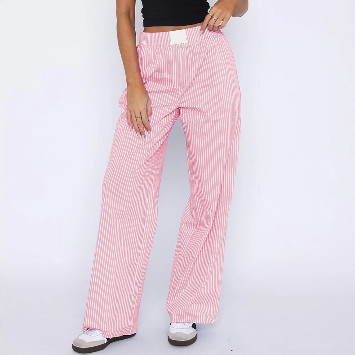 Striped Pants Women Y2k Stretch Wide Leg Lounge Pants Casual Soft High Waisted Comfy Trouser Pants Preppy Pants