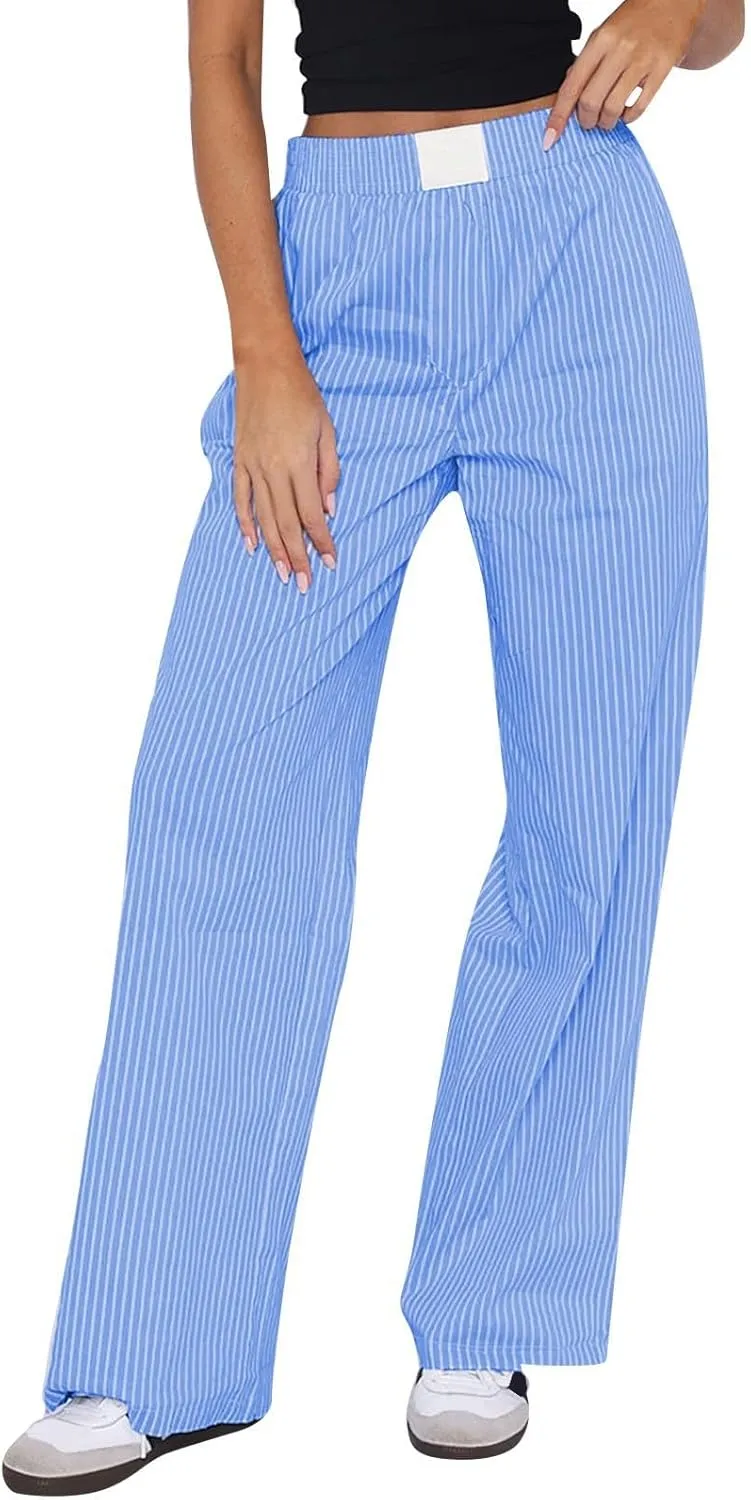 Striped Pants Women Y2k Stretch Wide Leg Lounge Pants Casual Soft High Waisted Comfy Trouser Pants Preppy Pants
