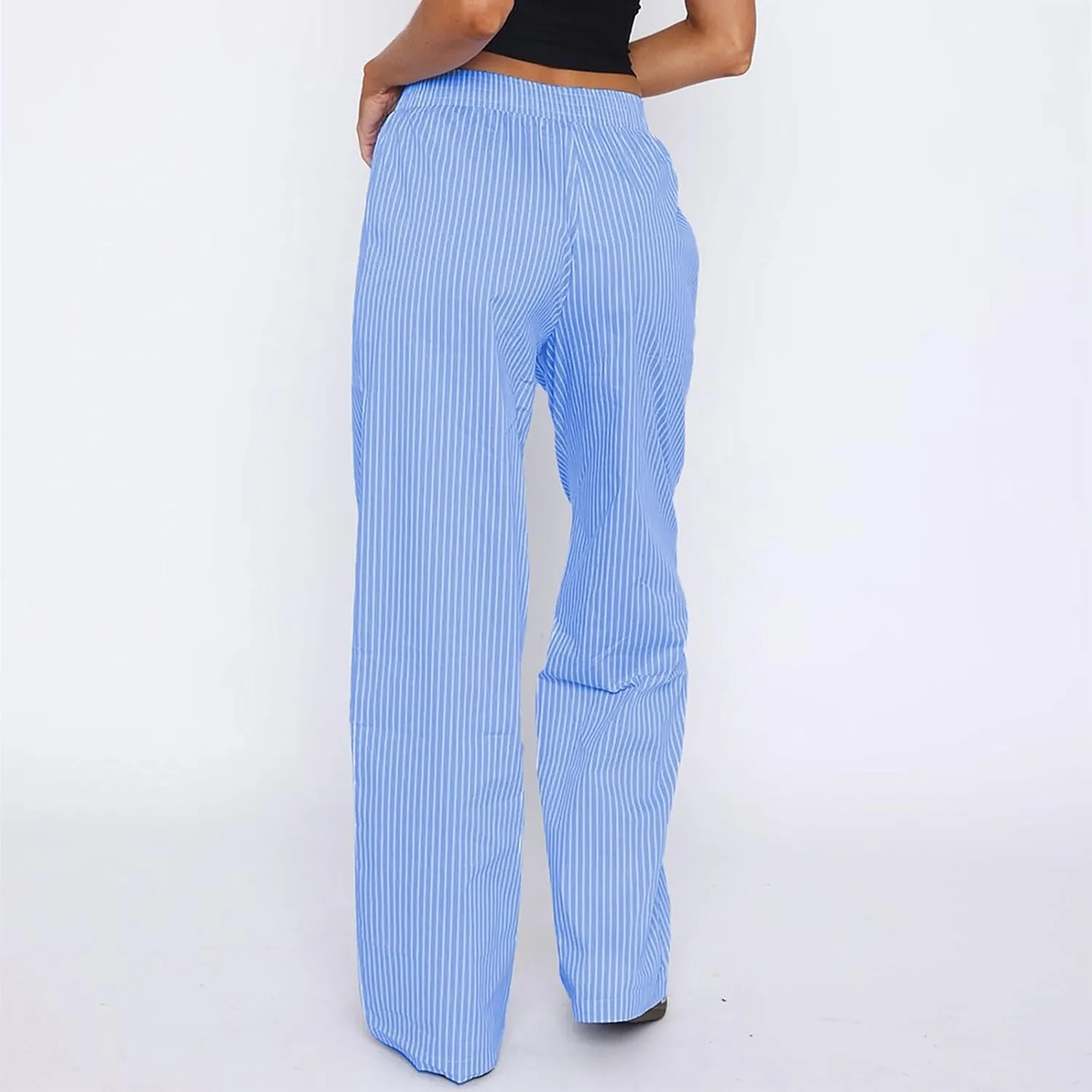 Striped Pants Women Y2k Stretch Wide Leg Lounge Pants Casual Soft High Waisted Comfy Trouser Pants Preppy Pants