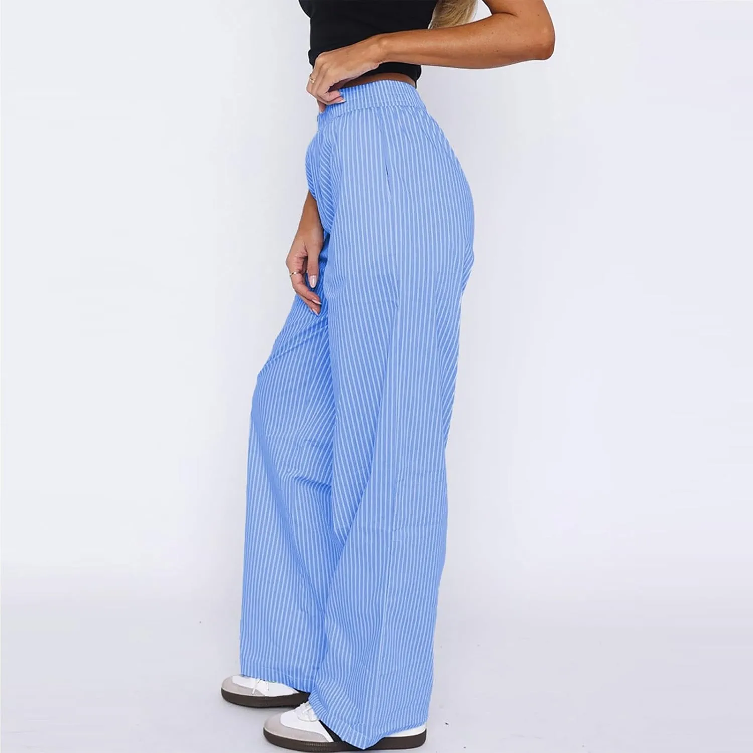 Striped Pants Women Y2k Stretch Wide Leg Lounge Pants Casual Soft High Waisted Comfy Trouser Pants Preppy Pants