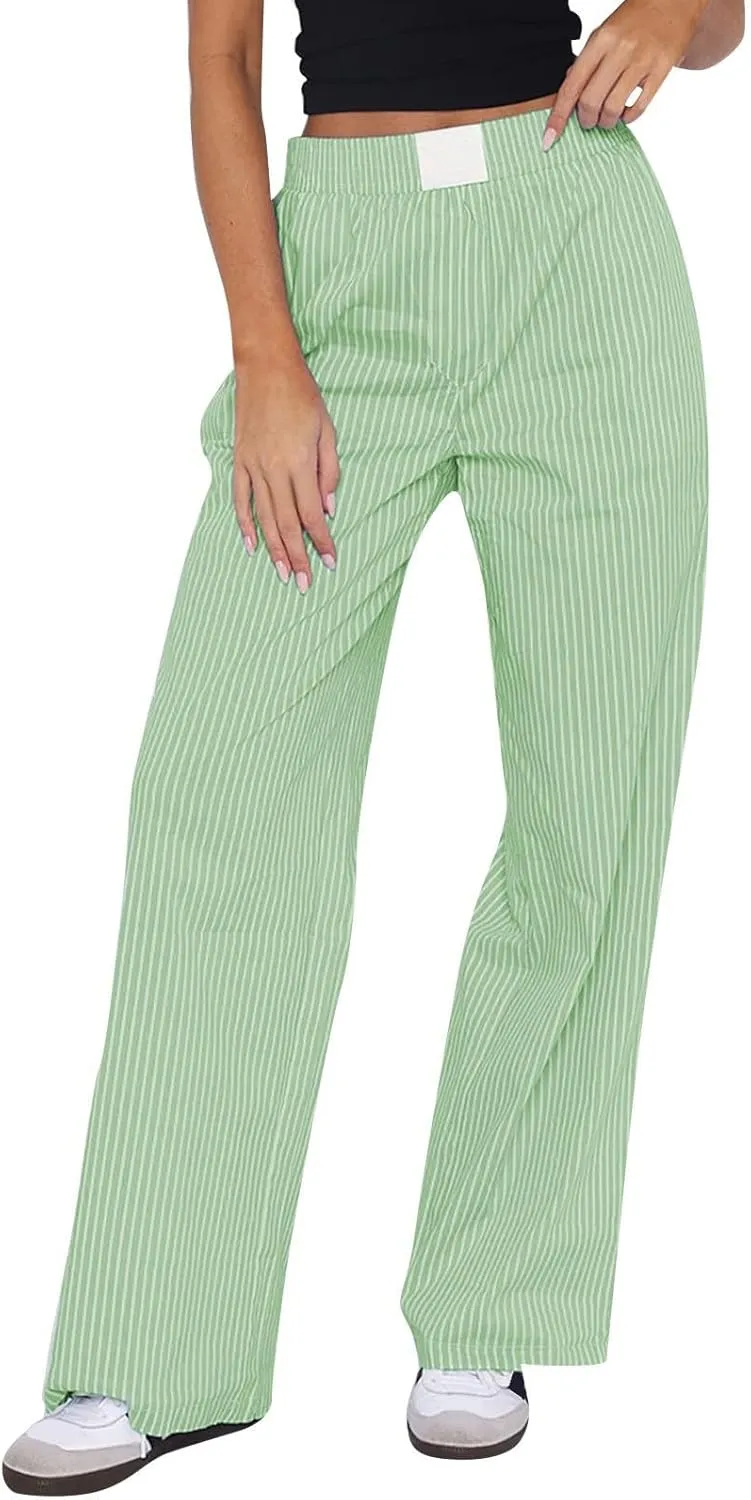 Striped Pants Women Y2k Stretch Wide Leg Lounge Pants Casual Soft High Waisted Comfy Trouser Pants Preppy Pants