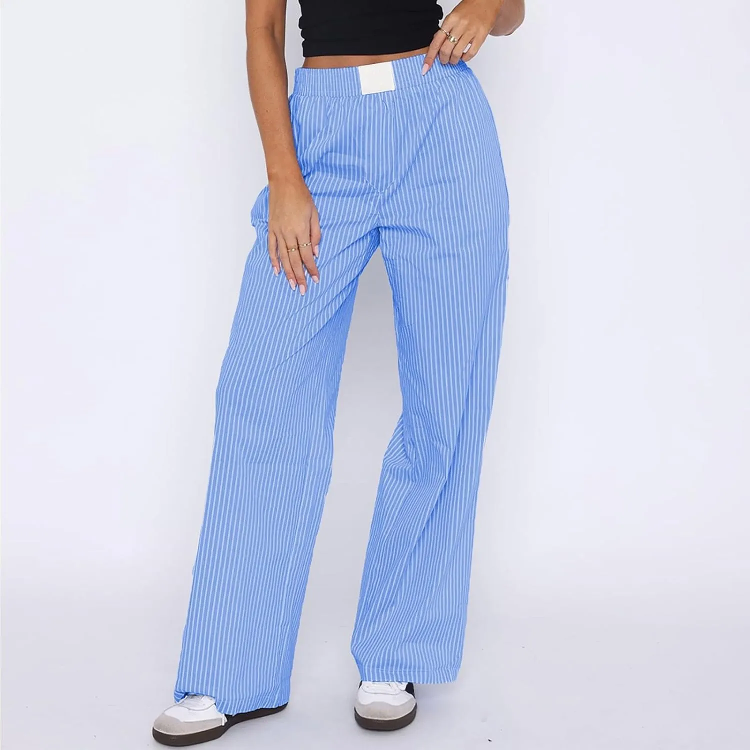 Striped Pants Women Y2k Stretch Wide Leg Lounge Pants Casual Soft High Waisted Comfy Trouser Pants Preppy Pants