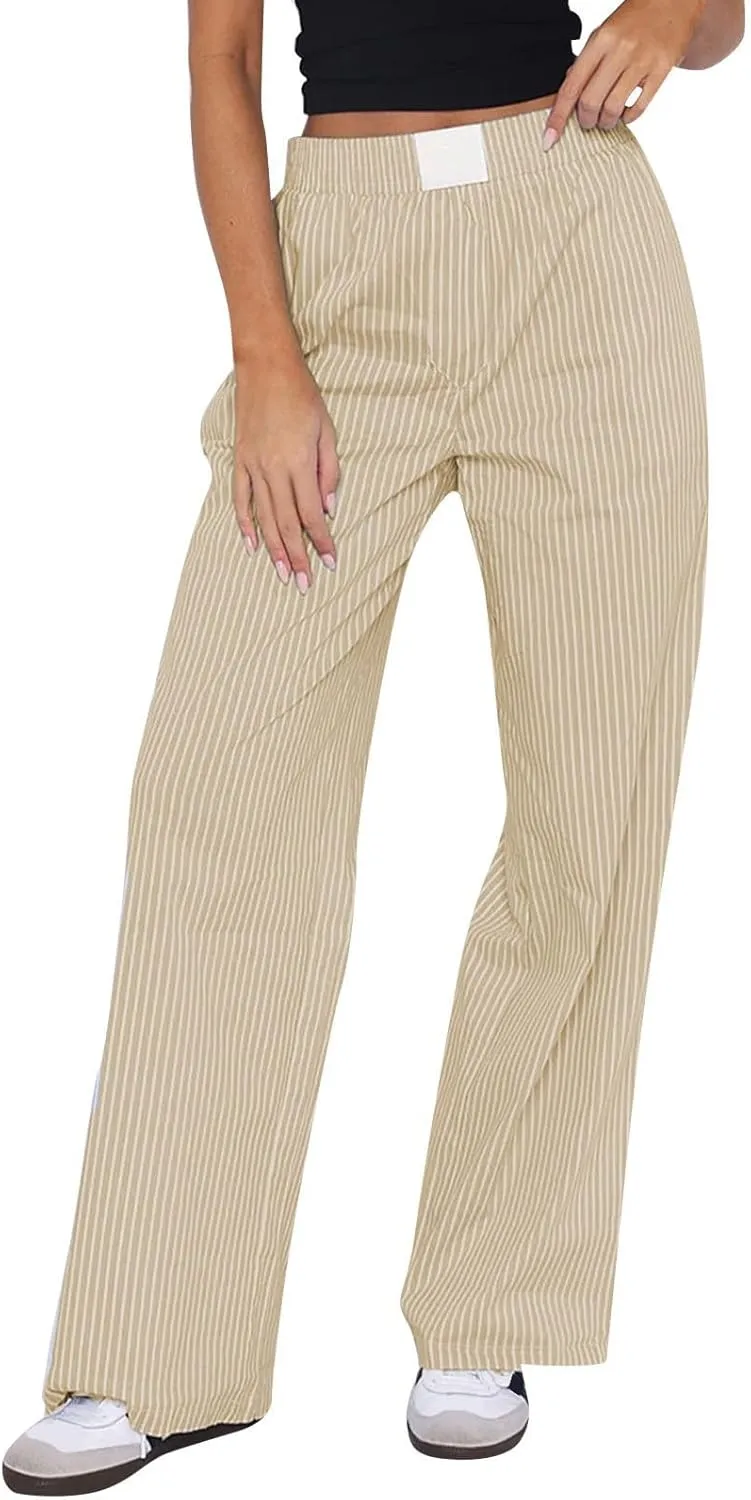 Striped Pants Women Y2k Stretch Wide Leg Lounge Pants Casual Soft High Waisted Comfy Trouser Pants Preppy Pants