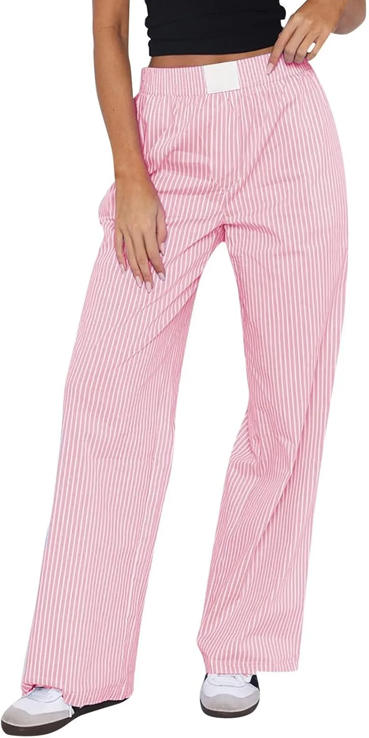 Striped Pants Women Y2k Stretch Wide Leg Lounge Pants Casual Soft High Waisted Comfy Trouser Pants Preppy Pants