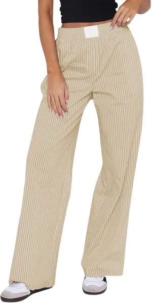 Striped Pants Women Y2k Stretch Wide Leg Lounge Pants Casual Soft High Waisted Comfy Trouser Pants Preppy Pants