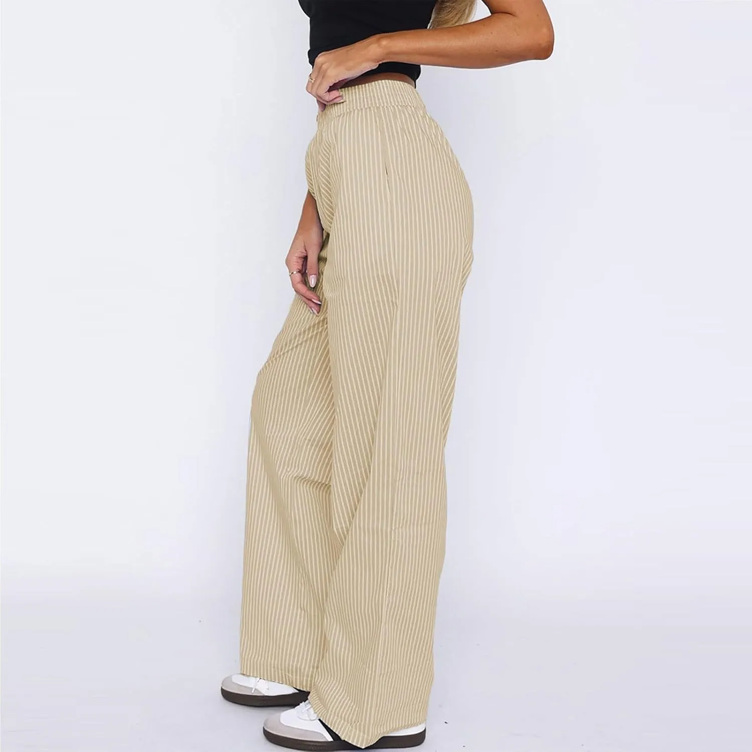 Striped Pants Women Y2k Stretch Wide Leg Lounge Pants Casual Soft High Waisted Comfy Trouser Pants Preppy Pants
