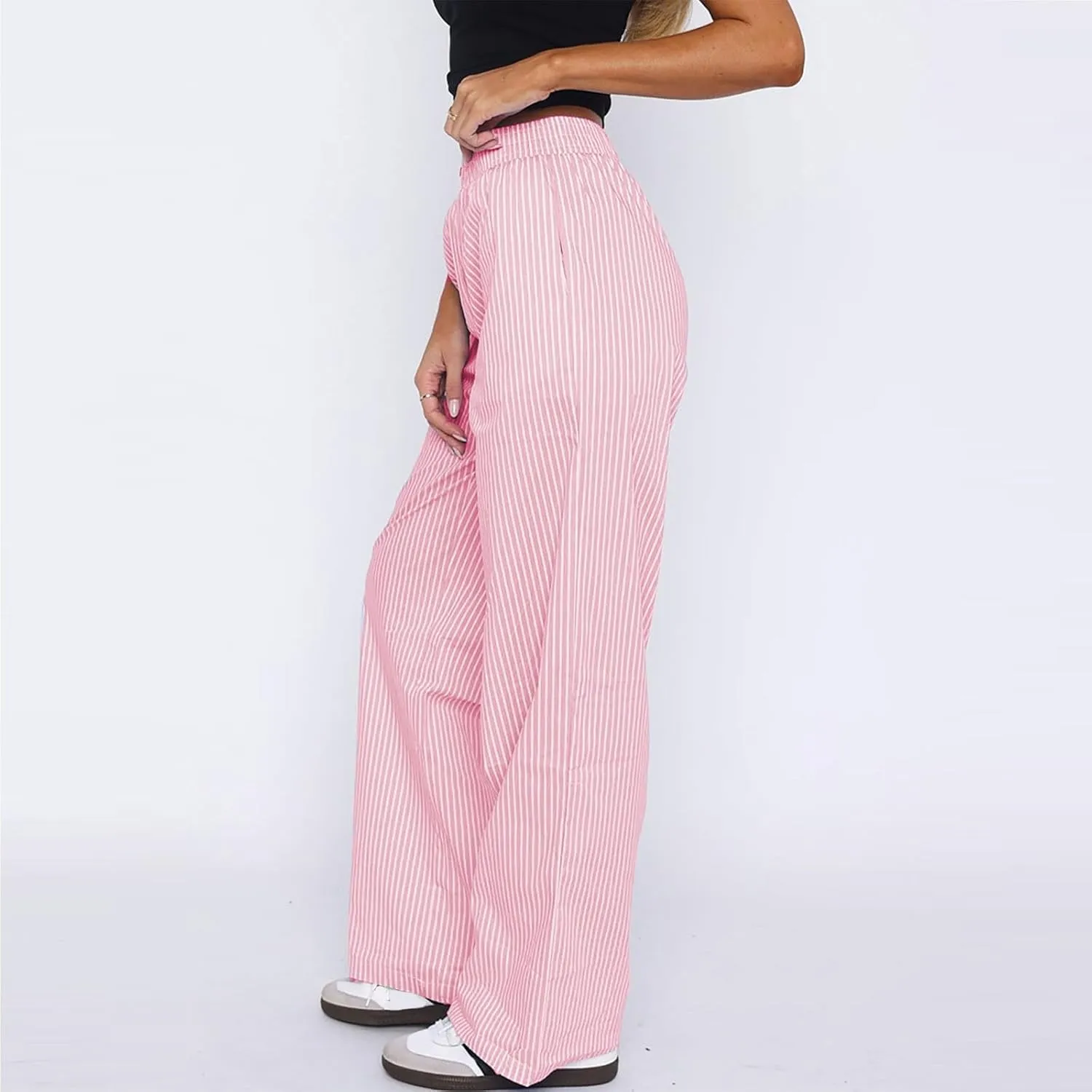 Striped Pants Women Y2k Stretch Wide Leg Lounge Pants Casual Soft High Waisted Comfy Trouser Pants Preppy Pants