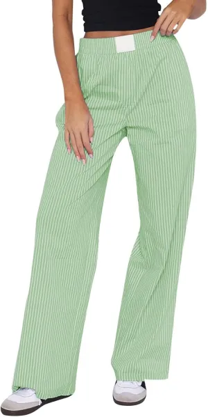 Striped Pants Women Y2k Stretch Wide Leg Lounge Pants Casual Soft High Waisted Comfy Trouser Pants Preppy Pants