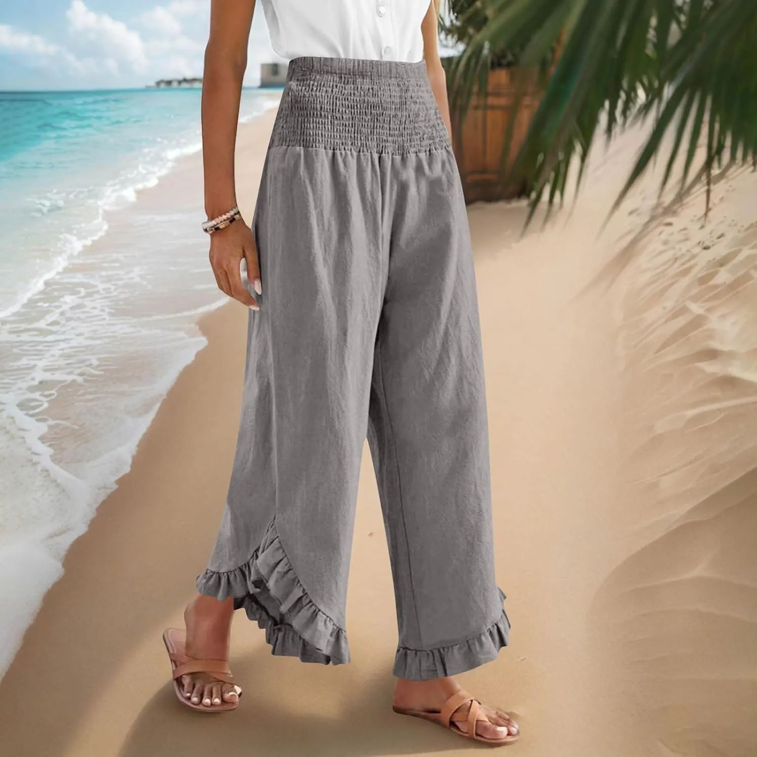 Summer Linen Pants Women Wide Leg Ruffle Hem Pants High Waisted Palazzo Trousers Boho Flowy Beach Pant with Pocket