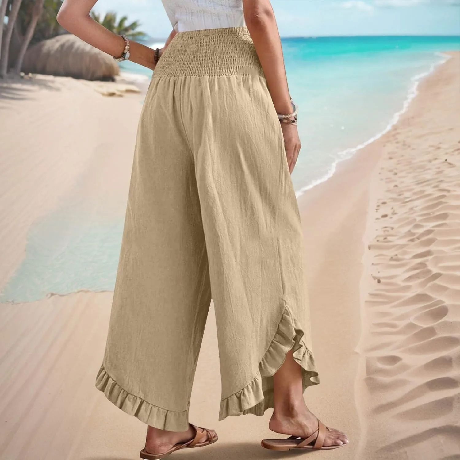 Summer Linen Pants Women Wide Leg Ruffle Hem Pants High Waisted Palazzo Trousers Boho Flowy Beach Pant with Pocket