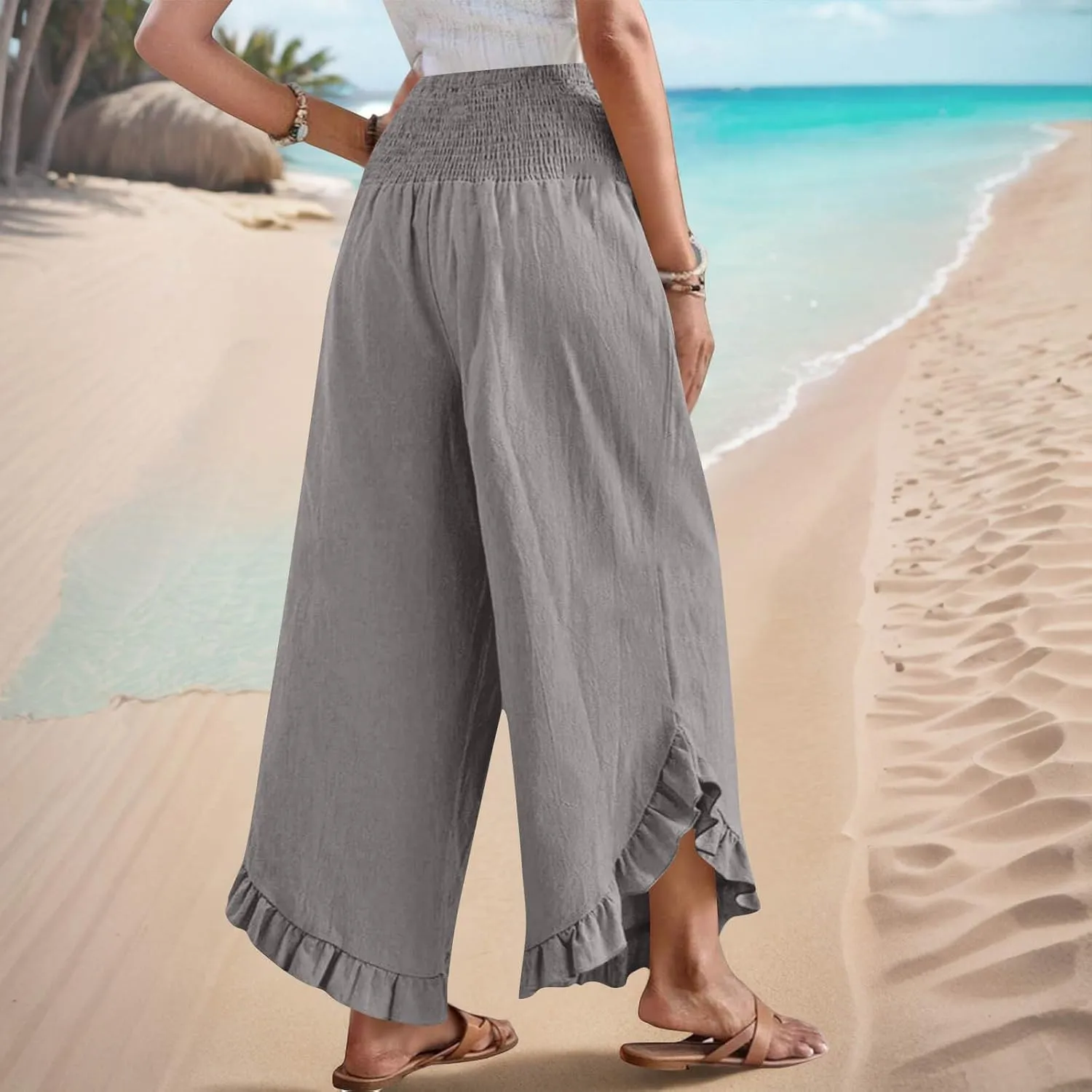 Summer Linen Pants Women Wide Leg Ruffle Hem Pants High Waisted Palazzo Trousers Boho Flowy Beach Pant with Pocket