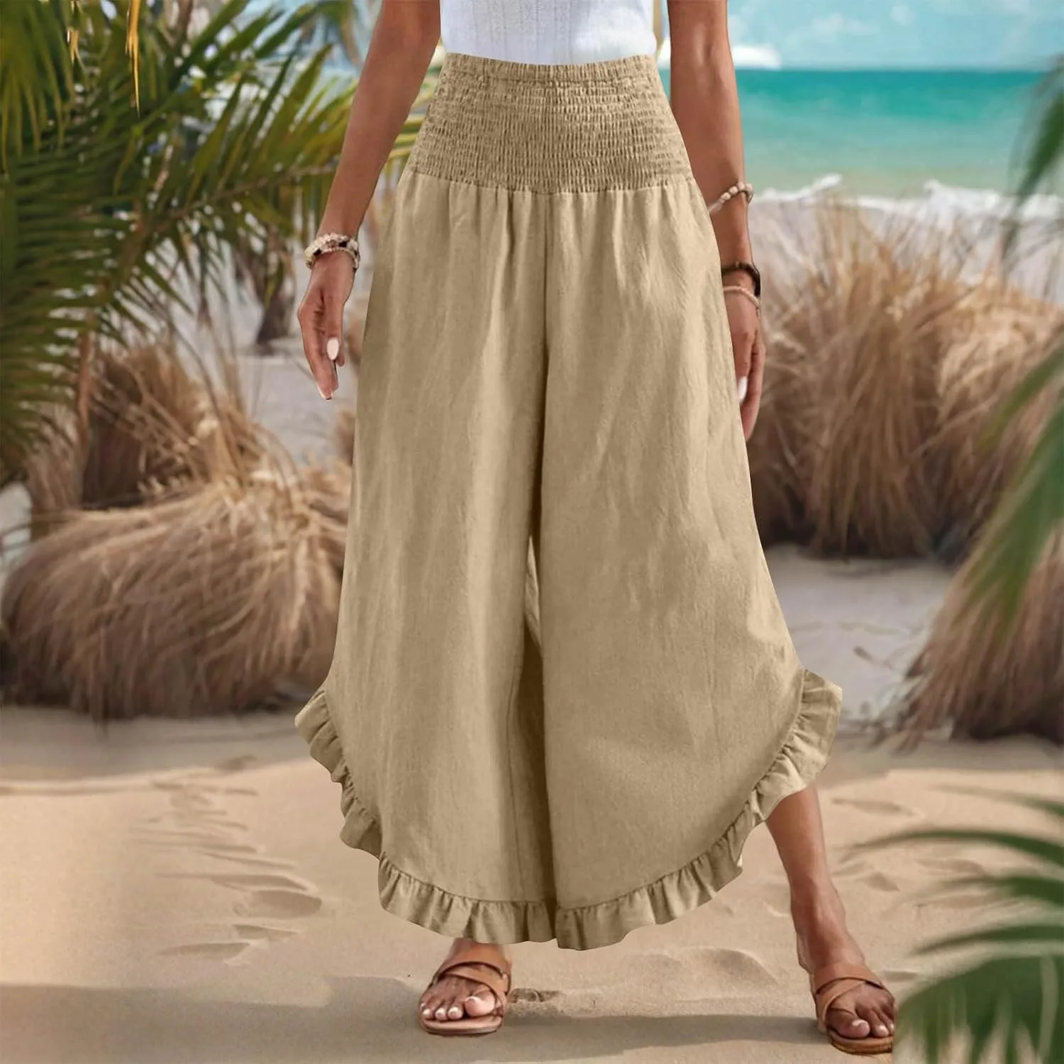 Summer Linen Pants Women Wide Leg Ruffle Hem Pants High Waisted Palazzo Trousers Boho Flowy Beach Pant with Pocket