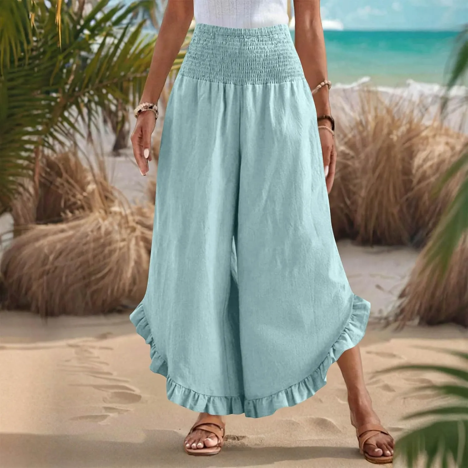 Summer Linen Pants Women Wide Leg Ruffle Hem Pants High Waisted Palazzo Trousers Boho Flowy Beach Pant with Pocket