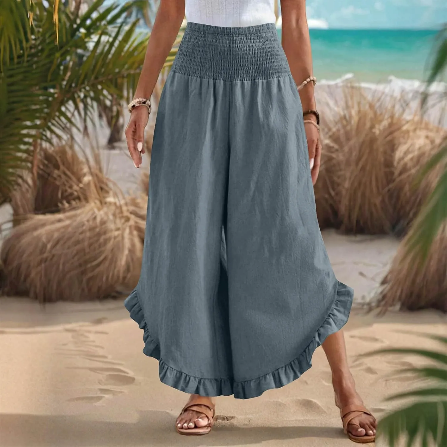 Summer Linen Pants Women Wide Leg Ruffle Hem Pants High Waisted Palazzo Trousers Boho Flowy Beach Pant with Pocket