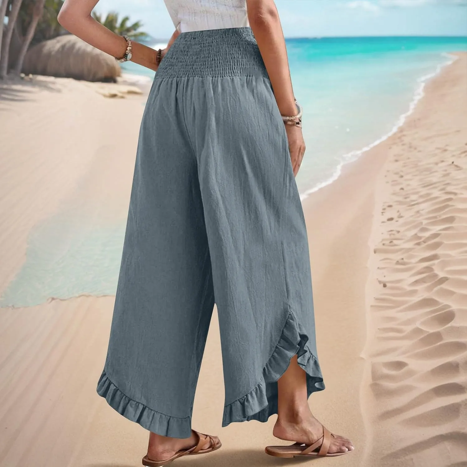 Summer Linen Pants Women Wide Leg Ruffle Hem Pants High Waisted Palazzo Trousers Boho Flowy Beach Pant with Pocket