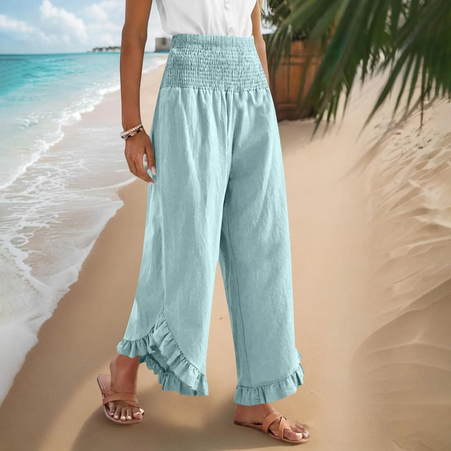Summer Linen Pants Women Wide Leg Ruffle Hem Pants High Waisted Palazzo Trousers Boho Flowy Beach Pant with Pocket
