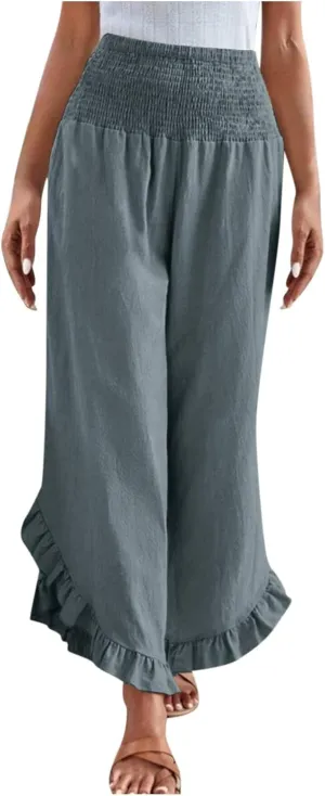Summer Linen Pants Women Wide Leg Ruffle Hem Pants High Waisted Palazzo Trousers Boho Flowy Beach Pant with Pocket