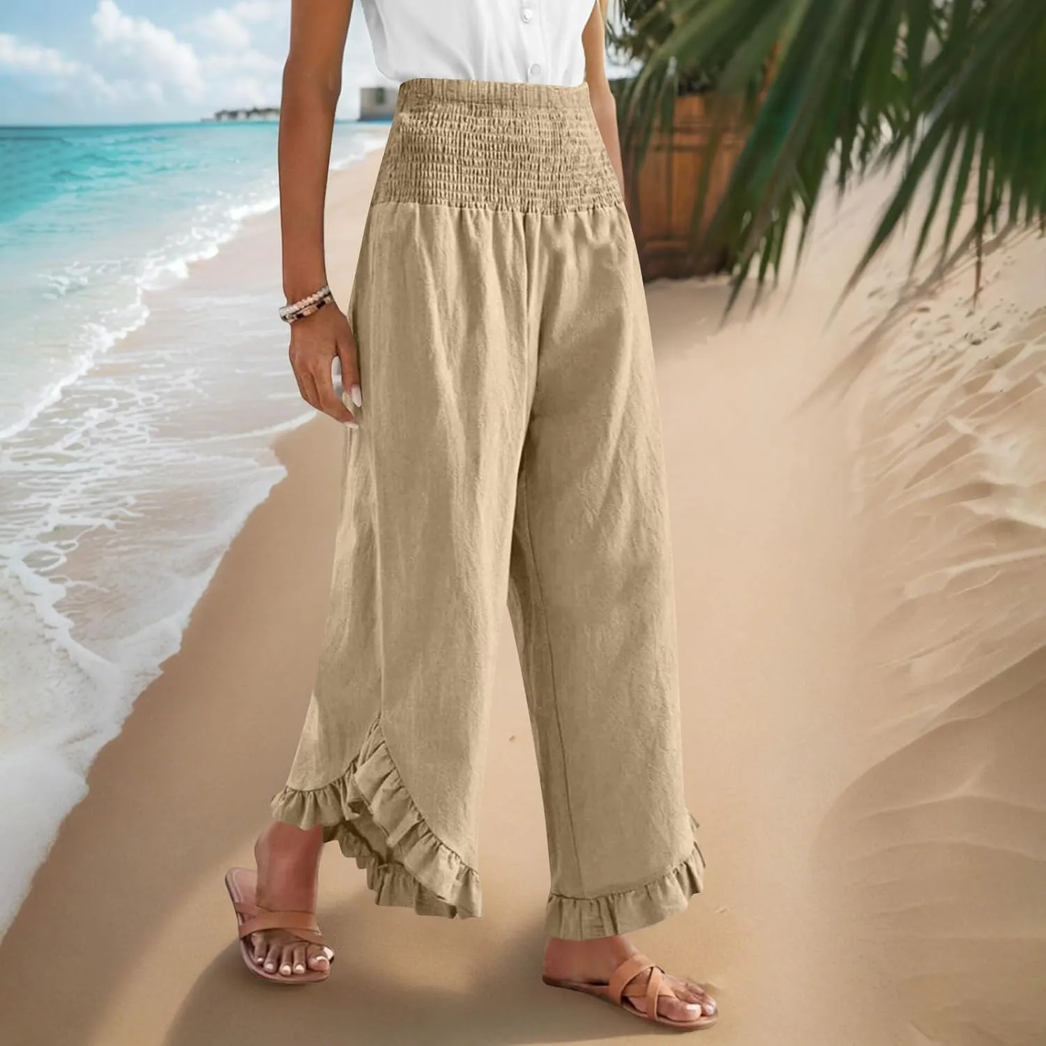 Summer Linen Pants Women Wide Leg Ruffle Hem Pants High Waisted Palazzo Trousers Boho Flowy Beach Pant with Pocket