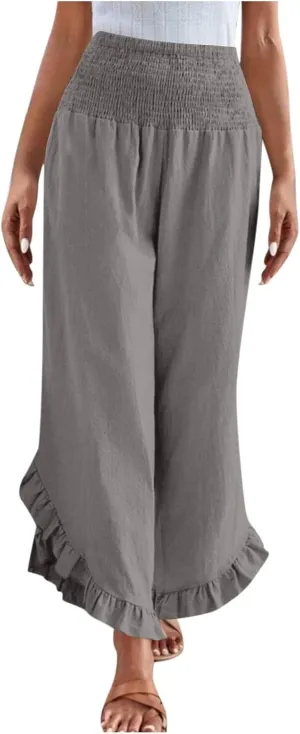 Summer Linen Pants Women Wide Leg Ruffle Hem Pants High Waisted Palazzo Trousers Boho Flowy Beach Pant with Pocket