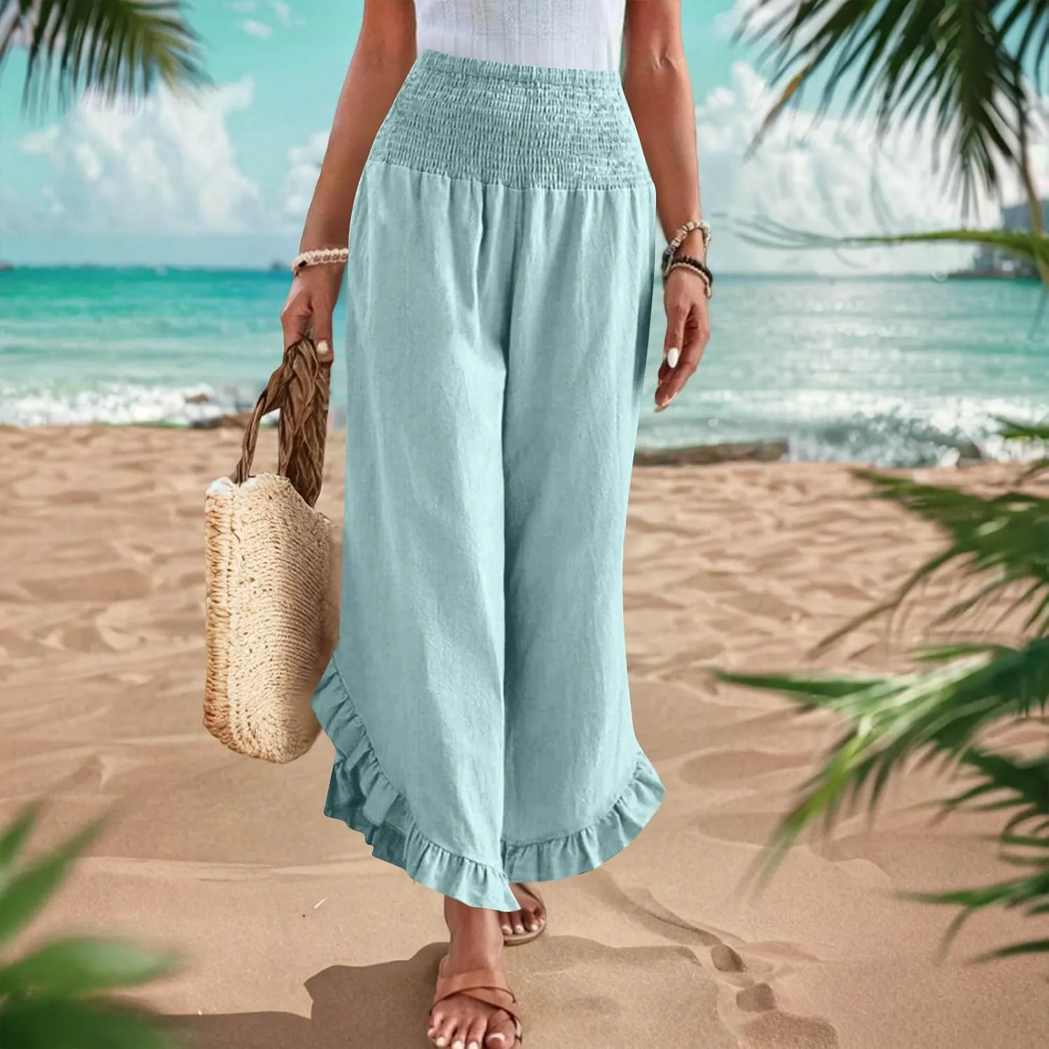 Summer Linen Pants Women Wide Leg Ruffle Hem Pants High Waisted Palazzo Trousers Boho Flowy Beach Pant with Pocket
