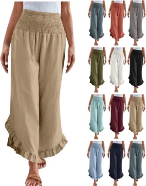Summer Linen Pants Women Wide Leg Ruffle Hem Pants High Waisted Palazzo Trousers Boho Flowy Beach Pant with Pocket