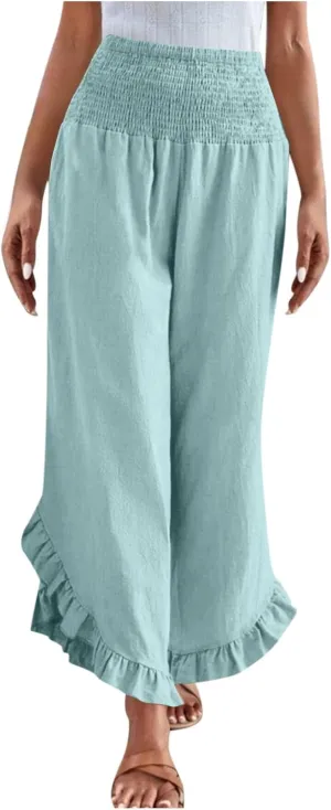 Summer Linen Pants Women Wide Leg Ruffle Hem Pants High Waisted Palazzo Trousers Boho Flowy Beach Pant with Pocket