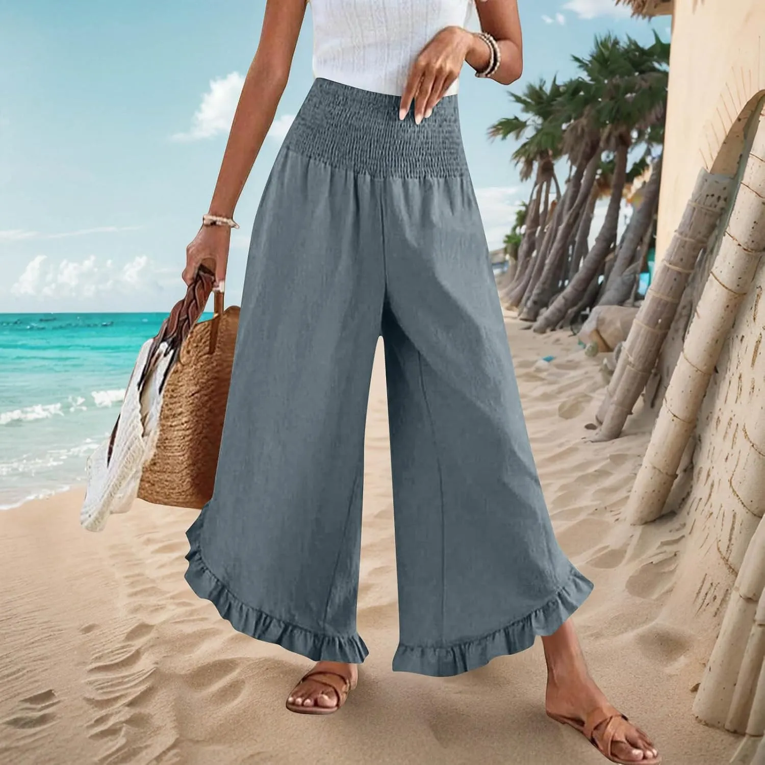 Summer Linen Pants Women Wide Leg Ruffle Hem Pants High Waisted Palazzo Trousers Boho Flowy Beach Pant with Pocket